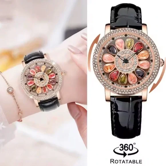 Luxury Rotating Petal Flower Dial Diamond Crystal Watch - Picture 6 of 14
